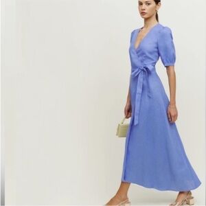 Reformation Sky Blue Wrap Linen Midi Dress